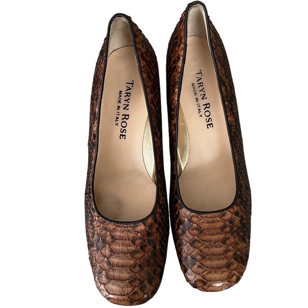 Italian Snakeskin‎ Leather Block Heel Pumps Square Toe Brown 38N Taryn Rose